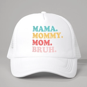 Detail of white trucker hat with colorful MAMA MOMMY MOM BRUH text and breathable mesh back