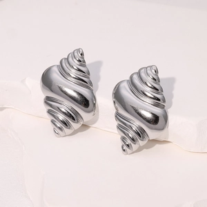 Minimalist silver conch shell earrings in stainless steel for a beach ocean aesthetic