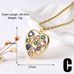 Detailed size parameters of gold heart pendant necklace with colorful stones
