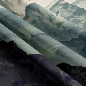 Macro shot of abstract mountain print tapestry fabric with detailed woven texture and drapes