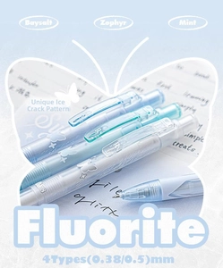 Detail view of Fluorite series gel pens with unique ice-crack texture and clear barrel