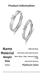 Detailed specifications of S925 sterling silver couple rings with adjustable knot design