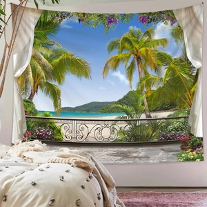 Detail of wall tapestry featuring tropical beach scenery with palm trees and ocean balcony