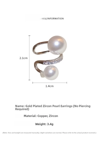 Macro detail of gold-plated twisted ear clip showing dimensions and pearl zircon setting