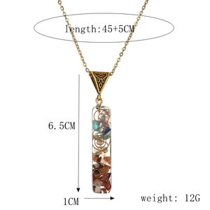 Detailed size chart for geometric rectangle pendant necklace with colorful crystals