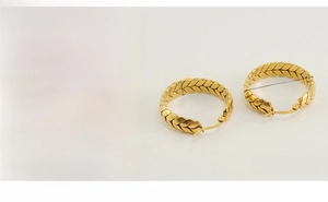 Detail showing 30mm golden wheat ear hoop earrings with exact size and weight metrics