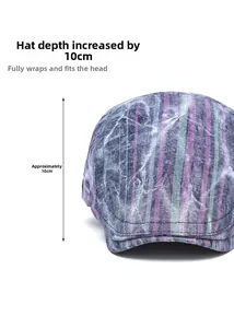 Detail view of striped beret with 10cm depth measurement and vintage washed texture