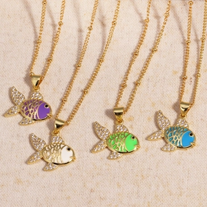 Chic rose gold stainless steel necklaces with colorful enamel fish pendants and crystals