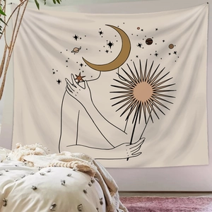 Morandi minimalist artistic tapestry with celestial line art for bedroom wall decor