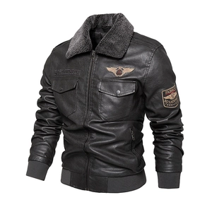 Men's black aviator faux leather jacket with warm fur collar and fashion badges