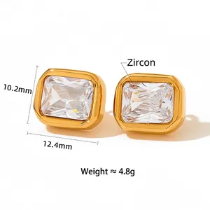 Vintage gold plated stainless steel stud earrings with large rectangular cubic zirconia