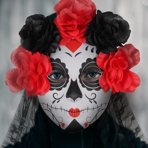Ghost Bride Day of the Dead mask with red roses and black lace for Halloween party cosplay