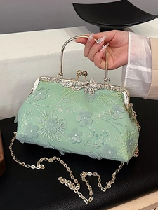 Mint green mesh shell bag with 3D floral lace and gold chain handle for women