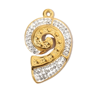 Detailed view of a gold-plated number 9 pendant with shimmering crystal inlay