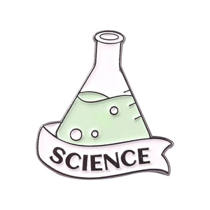 Pin de esmalte de ciencia con frasco cónico verde y pancarta con texto negro nítido