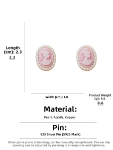Detailed size specifications for vintage acrylic portrait earrings with faux pearl border