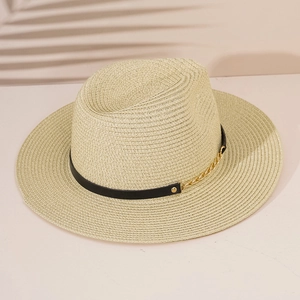 Fashionable beige straw jazz hat with black leather band and gold chain detail