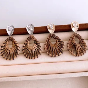 Boucles D'oreilles Pendantes Goutte En Rotin Tressé Et Cuivre Plaqué Or Avec Zircon Et 925 Sterling Silver Earring Post