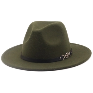 Detail of dark olive wool fedora with black leather band and silver geometric buckle