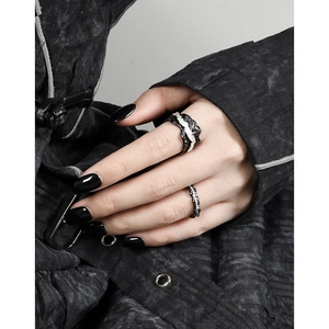Irregular texture S925 sterling silver wide ring set with black and white plating contrast