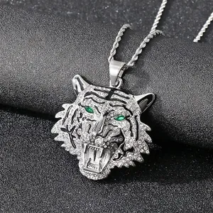 Tiger Head Pendant Necklace Stainless Steel Rhinestone Green Zircon Eyes Hip Hop Rock Punk Jewelry For Men
