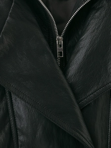 Detail of classic black leather jacket neck design with premium silver metal zipper