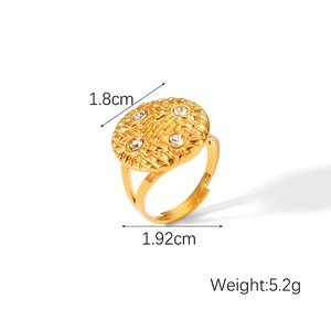 Detail of 18k gold plated ring showing dimensions 1.8cm diameter and 5.2g weight