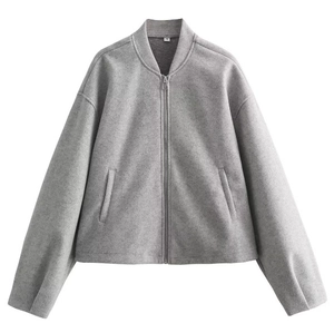 Minimalist grey wool bomber jacket with zipper and drop shoulders on white background