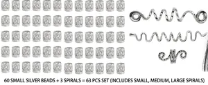 63-piece silver hair jewelry set with 60 hollow rings and 3 spiral dreadlock pendants