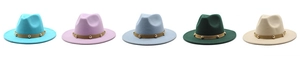 Detailed row of wool jazz fedora hats in five colors with studded leather bands