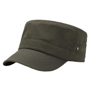 Deep olive green flat top military cadet cap with sun protection and metal air vents