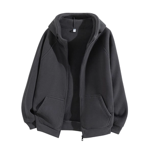 Men's dark gray double-sided polar fleece zip-up jacket with hood and side pockets