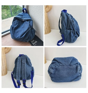 Detailed views of vintage blue denim backpack from multiple angles and bottom base