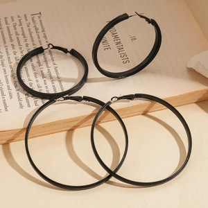 Minimalist black leather textured geometric round hoop earrings in two versatile sizes