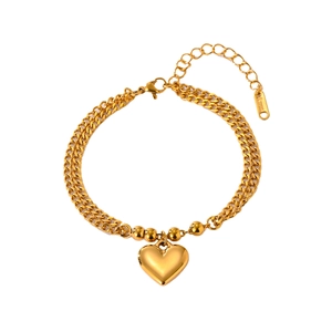 Bracelet double couche en acier inoxydable doré avec pendentif cœur et fermoir