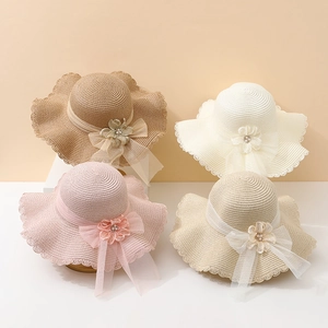 Chapeau De Paille Femmes Enfants Large Bord Bordure Ondulée Dentelle Filet Fleur Nœud Plage Vacances