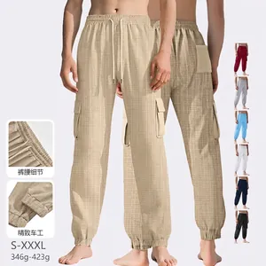 Men Cargo Joggers Textured Fabric Multi Pocket Adjustable Tie Waist Casual Sweatpants Cuffed Pants