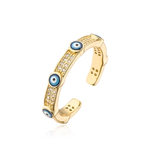 Exquisite gold-plated evil eye open ring with cubic zirconia accents on white background