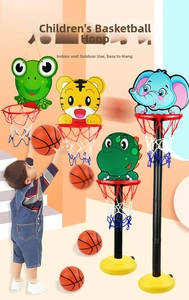 Adjustable height basketball hoop for kids with four cute animal-themed backboards