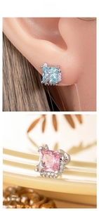 Detail of square zircon stud earrings with pavé stones and tiny star accents