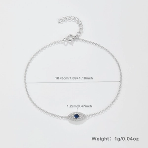 Detailed view of S925 sterling silver evil eye bracelet with blue stone and dimensions