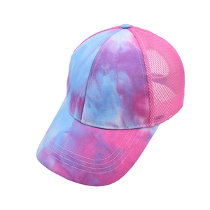 Pink and blue tie-dye baseball cap with breathable mesh back and adjustable snapback closure