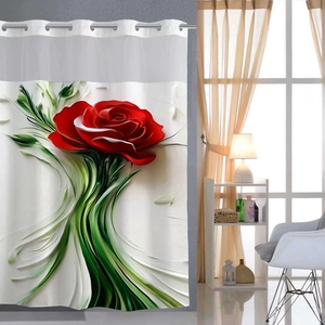 Detail of red rose floral shower curtain with silver metal eyelets for hooks