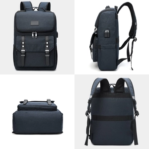 Multi-angle views of deep blue canvas laptop backpack with leather straps and USB port