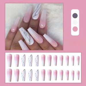 Detail of 24pcs pink ombre and white marble coffin press-on nails set with long tips