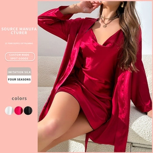 Detailed view of luxury imitation silk burgundy nightgown and robe set with satin texture