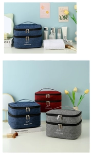 Dual-layer waterproof travel toiletry bag with handle showing three colors in bathroom