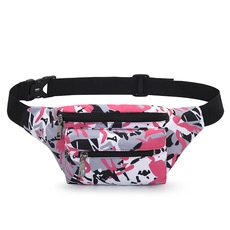 Detail of pink camouflage 400D oxford waterproof sports waist bag with black zippers