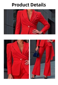 Detail of red blazer with crossover collar, single gold button and matching flare pants