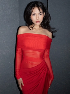 Sexy Off-The-Shoulder Long Sleeve Mesh Patchwork Hollow Cut Out Ruched Slim Fit Party Maxi Dress For Women